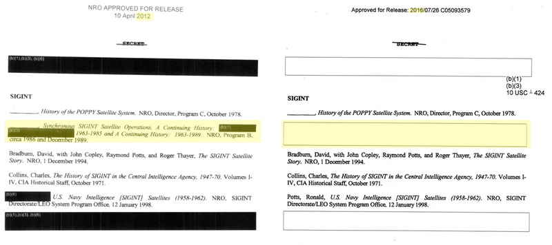 List of history papers at NRO released via FOIA in 2012 (left) List of history papers at NRO released via FOIA in 2016 (right)